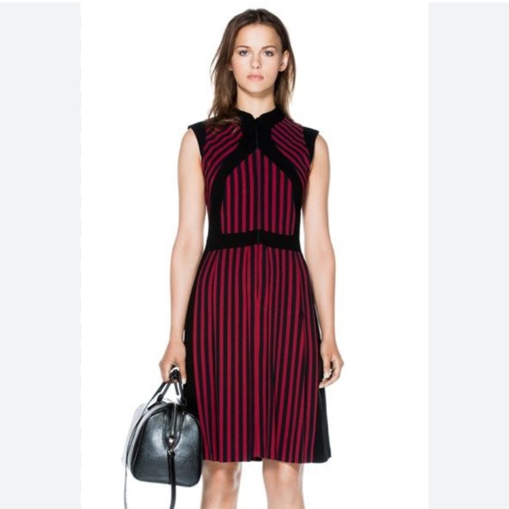 CUE Geometric Striped Fit & Flare Mod Goth Dress Red Black US 2